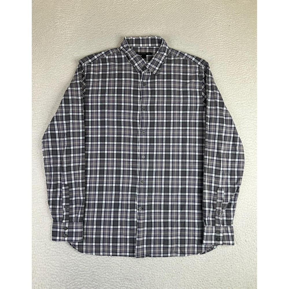 John Varvatos U.S.A. Shirt Men's Large Gray Plaid Button Up Long Sleeve Cotton